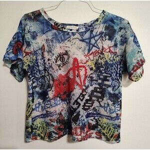 Y2K Women's Mesh Shirt Size Large Graffiti Graphic Print Streetwear Punk Skater